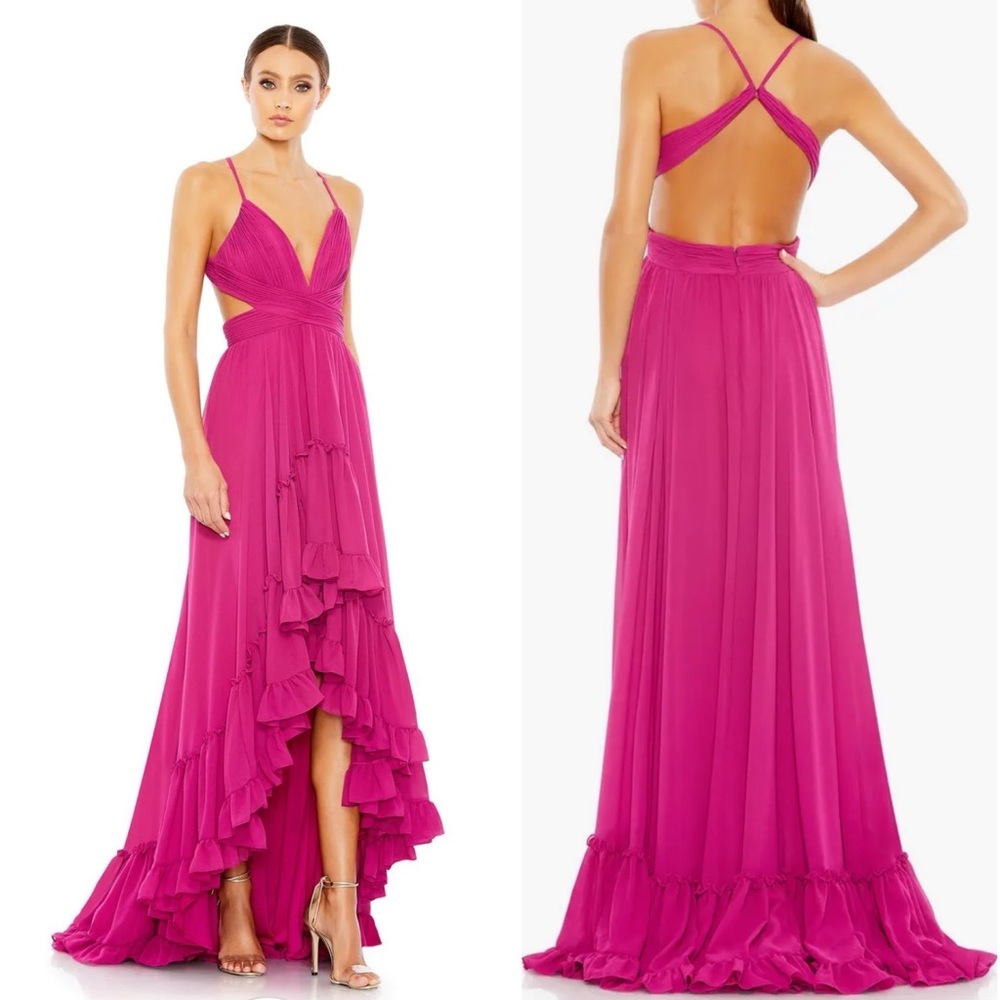 Leena Mac Duggal Tiered Cut Out Sleeveless Gown 2 Fuchsia Ruffle High-Low